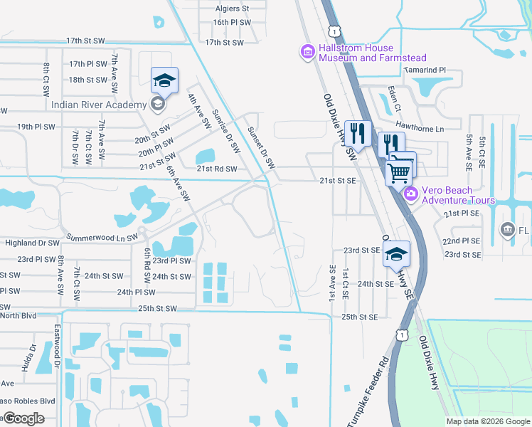 map of restaurants, bars, coffee shops, grocery stores, and more near 226 Oak Hammock Circle Southwest in Vero Beach