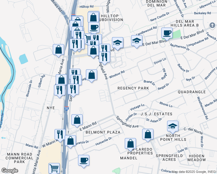 map of restaurants, bars, coffee shops, grocery stores, and more near 6619 Springfield Avenue in Laredo