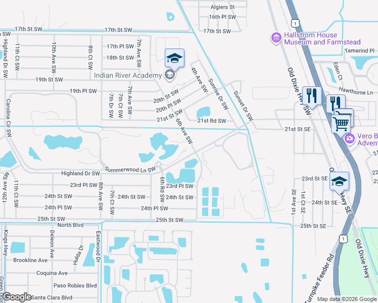 map of restaurants, bars, coffee shops, grocery stores, and more near 605 Bridgewater Lane Southwest in Vero Beach