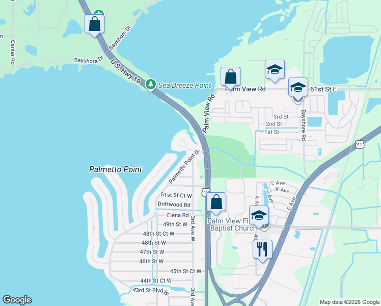 map of restaurants, bars, coffee shops, grocery stores, and more near 5515 U.S. 19 in Palmetto