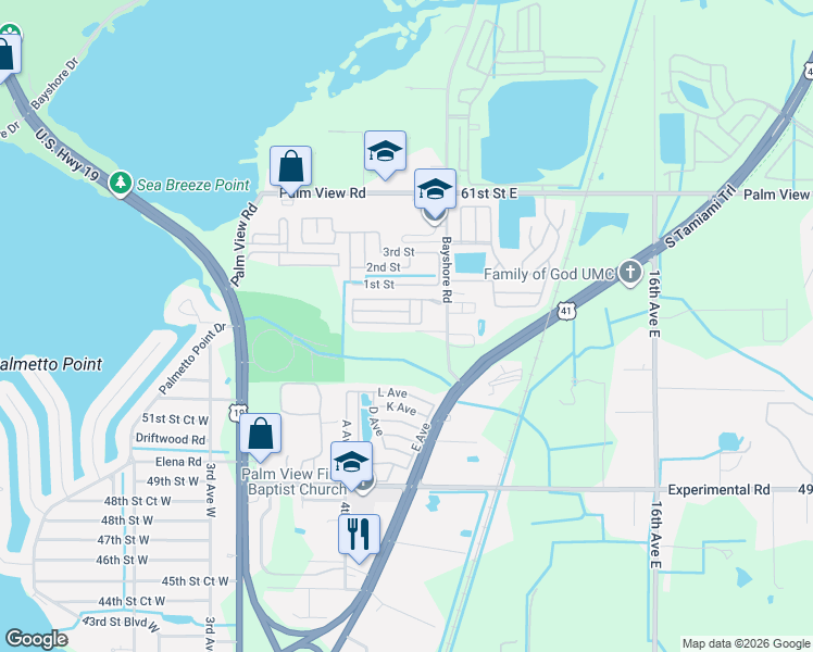 map of restaurants, bars, coffee shops, grocery stores, and more near 63 B Avenue in Palmetto