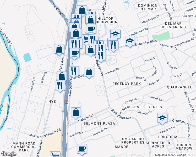 map of restaurants, bars, coffee shops, grocery stores, and more near 6820 Springfield Avenue in Laredo