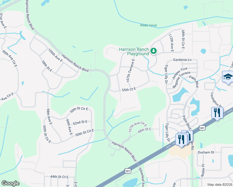 map of restaurants, bars, coffee shops, grocery stores, and more near 10431 55th Court East in Parrish