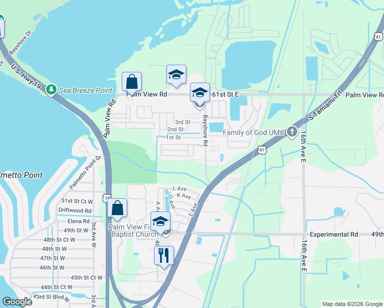 map of restaurants, bars, coffee shops, grocery stores, and more near 5515 Bayshore Road in Palmetto