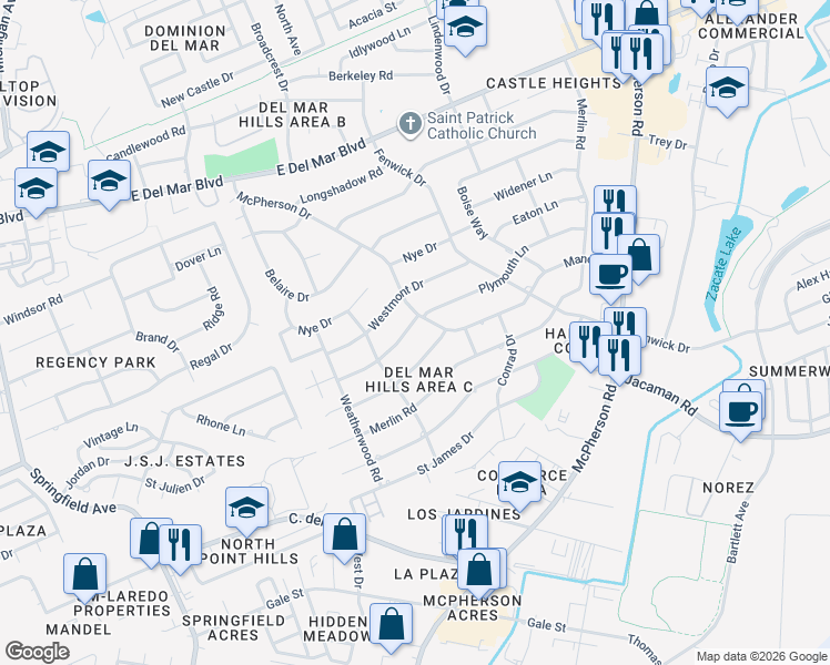 map of restaurants, bars, coffee shops, grocery stores, and more near 320 Plymouth Lane in Laredo