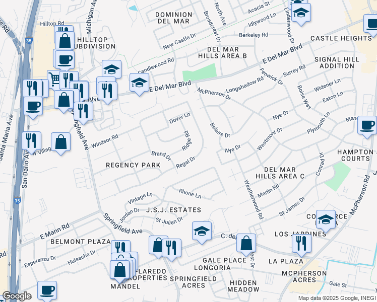 map of restaurants, bars, coffee shops, grocery stores, and more near 309 Ridge Road in Laredo