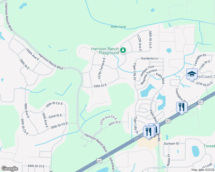map of restaurants, bars, coffee shops, grocery stores, and more near 10719 55th Court East in Parrish