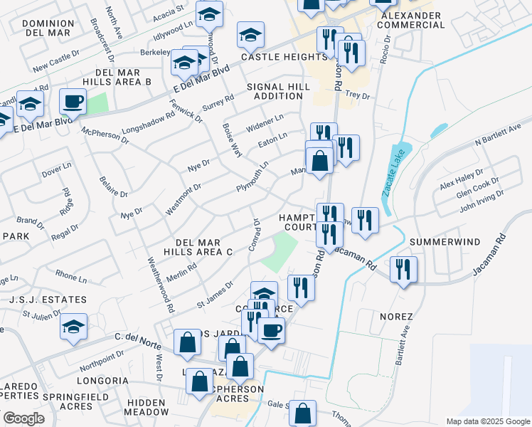 map of restaurants, bars, coffee shops, grocery stores, and more near 418 Merlin Road in Laredo