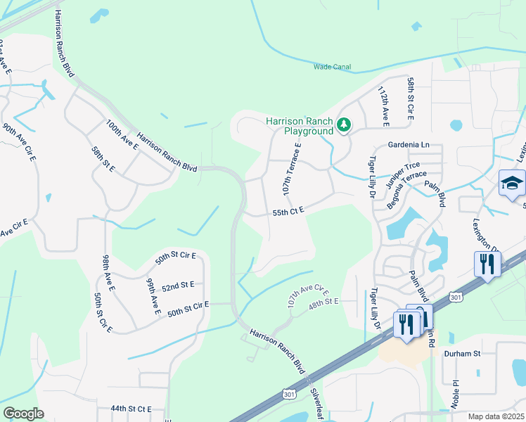 map of restaurants, bars, coffee shops, grocery stores, and more near 5503 105th Terrace East in Parrish