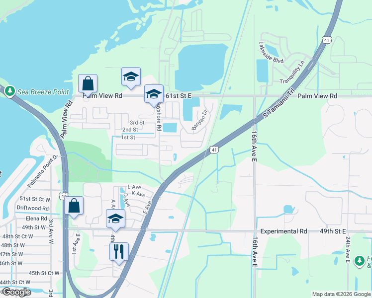map of restaurants, bars, coffee shops, grocery stores, and more near 520 Kapok Drive in Palmetto