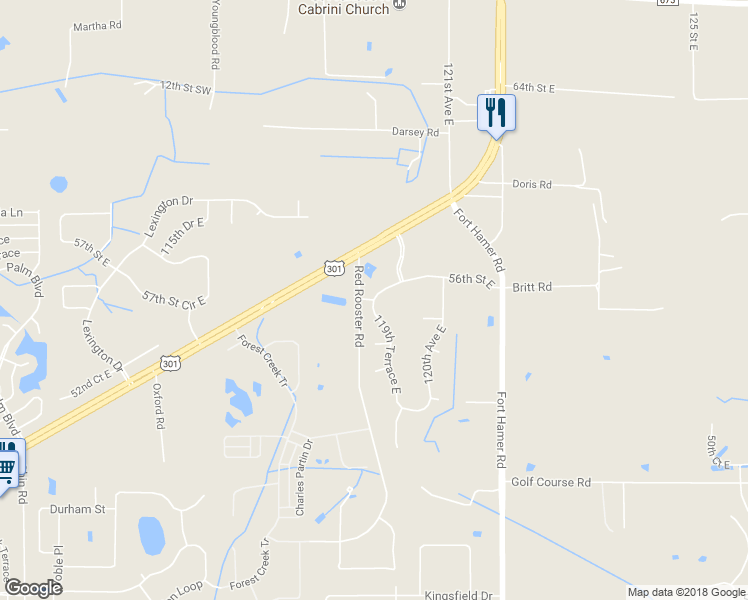 map of restaurants, bars, coffee shops, grocery stores, and more near 11445 56th Street East in Parrish