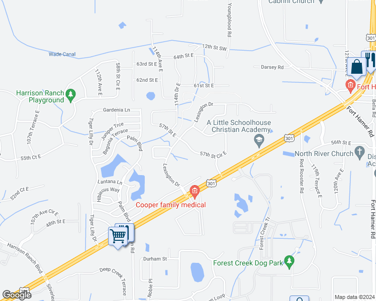 map of restaurants, bars, coffee shops, grocery stores, and more near 11517 57th Street Circle East in Parrish