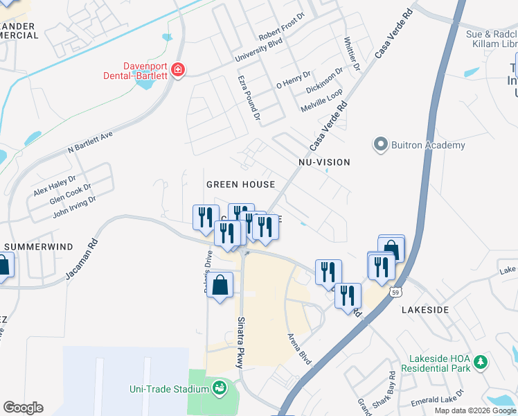 map of restaurants, bars, coffee shops, grocery stores, and more near 8218 Casa Verde Road in Laredo