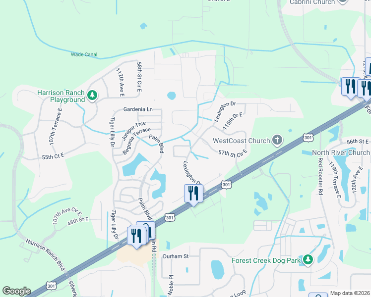 map of restaurants, bars, coffee shops, grocery stores, and more near 5604 Lexington Drive in Parrish