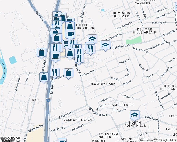 map of restaurants, bars, coffee shops, grocery stores, and more near 120 Martingale in Laredo