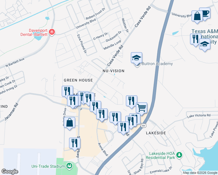 map of restaurants, bars, coffee shops, grocery stores, and more near 7517 Rob Brogan Court in Laredo