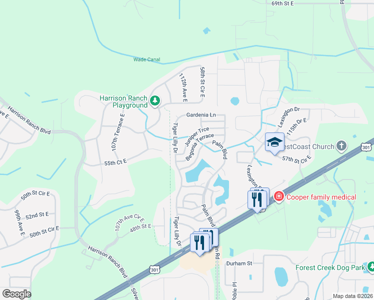 map of restaurants, bars, coffee shops, grocery stores, and more near 116-138 Juniper Trce in Manatee