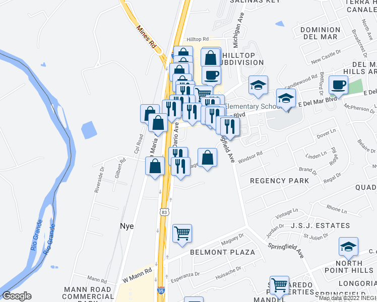 map of restaurants, bars, coffee shops, grocery stores, and more near 206 West Village Boulevard in Laredo