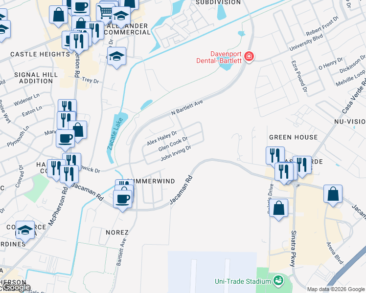 map of restaurants, bars, coffee shops, grocery stores, and more near 316 John Irving Drive in Laredo