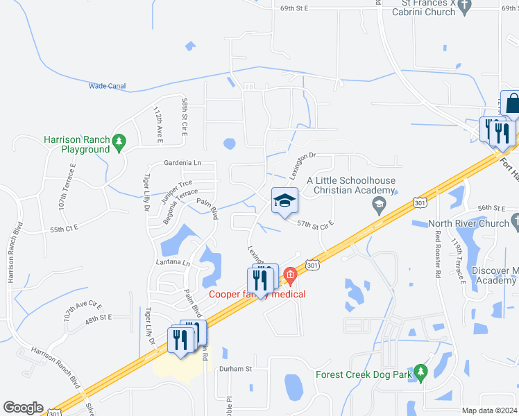 map of restaurants, bars, coffee shops, grocery stores, and more near 5633 Lexington Drive in Parrish