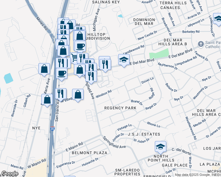 map of restaurants, bars, coffee shops, grocery stores, and more near 118 Windsor Road in Laredo