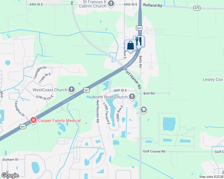 map of restaurants, bars, coffee shops, grocery stores, and more near 11936 56th Street East in Parrish