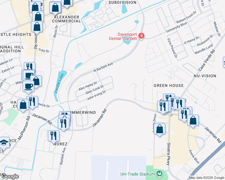 map of restaurants, bars, coffee shops, grocery stores, and more near 409 John Irving Drive in Laredo