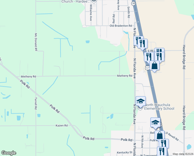 map of restaurants, bars, coffee shops, grocery stores, and more near 362 Metheny Road in Wauchula