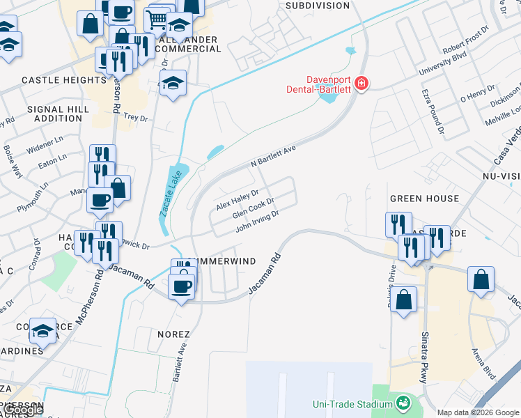 map of restaurants, bars, coffee shops, grocery stores, and more near 316 John Irving Drive in Laredo