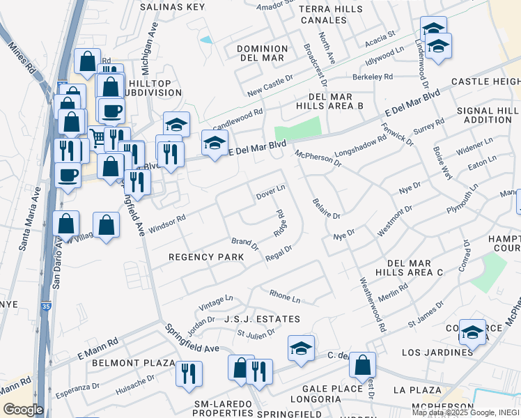 map of restaurants, bars, coffee shops, grocery stores, and more near 315 Stratford Lane in Laredo