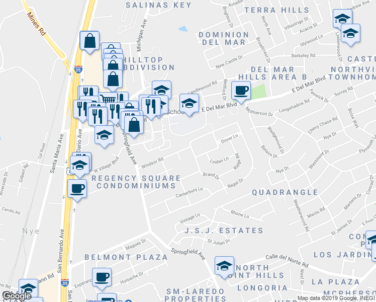 map of restaurants, bars, coffee shops, grocery stores, and more near 412 Brand Drive in Laredo