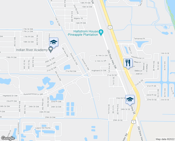 map of restaurants, bars, coffee shops, grocery stores, and more near 1979 Sunset Drive Southwest in Vero Beach