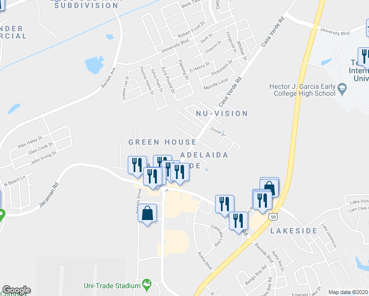map of restaurants, bars, coffee shops, grocery stores, and more near 8218 Casa Verde Road in Laredo