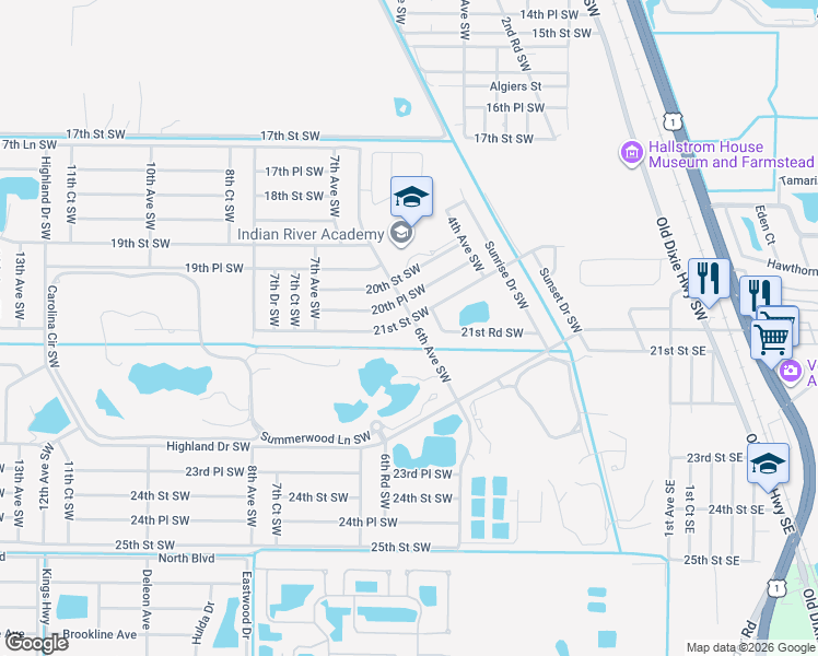 map of restaurants, bars, coffee shops, grocery stores, and more near 605 21st Street Southwest in Vero Beach