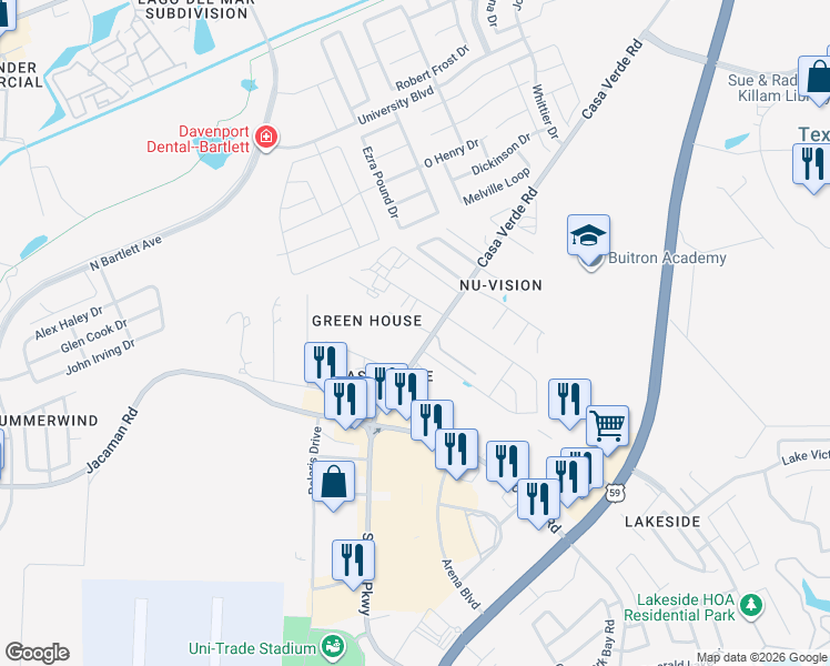 map of restaurants, bars, coffee shops, grocery stores, and more near 8218 Casa Verde Road in Laredo