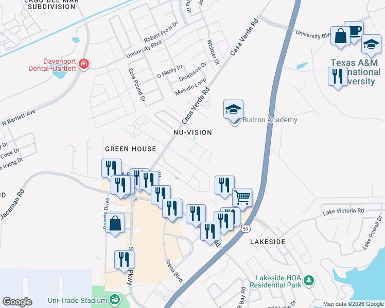 map of restaurants, bars, coffee shops, grocery stores, and more near 7517 Rob Brogan Court in Laredo