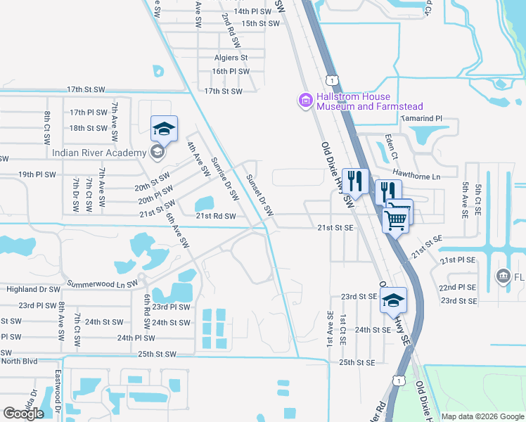 map of restaurants, bars, coffee shops, grocery stores, and more near 1979 Sunset Drive Southwest in Vero Beach