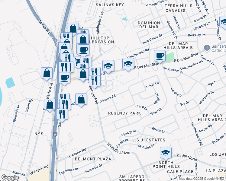 map of restaurants, bars, coffee shops, grocery stores, and more near 118 Windsor Road in Laredo