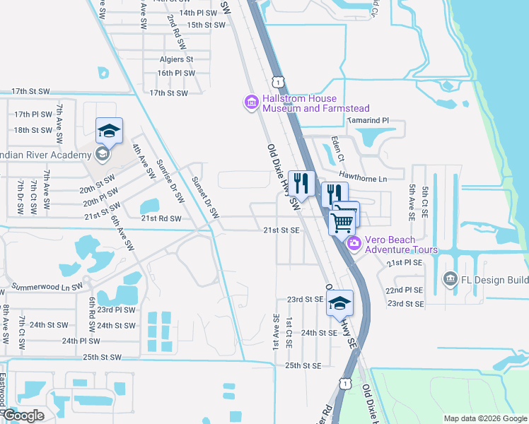 map of restaurants, bars, coffee shops, grocery stores, and more near 44 Highland Drive Southeast in Vero Beach