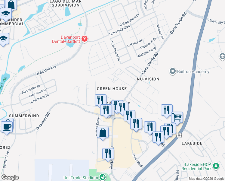 map of restaurants, bars, coffee shops, grocery stores, and more near 8709 Casa Verde Road in Laredo
