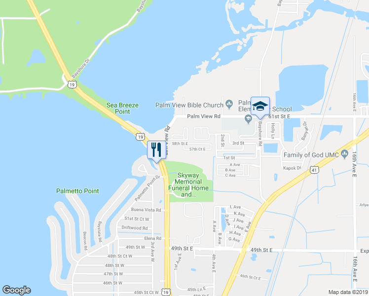 map of restaurants, bars, coffee shops, grocery stores, and more near 202 57th Court East in Palmetto