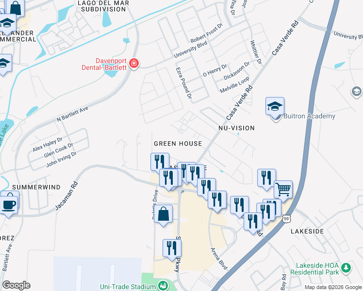 map of restaurants, bars, coffee shops, grocery stores, and more near 8709 Casa Verde Road in Laredo