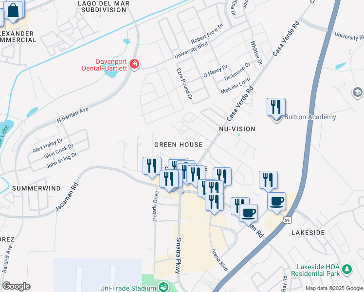 map of restaurants, bars, coffee shops, grocery stores, and more near 8709 Casa Verde Road in Laredo