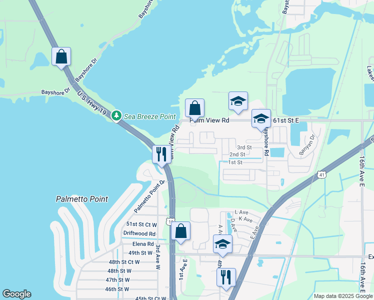 map of restaurants, bars, coffee shops, grocery stores, and more near 202 57th Court East in Palmetto