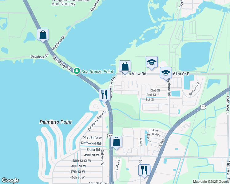 map of restaurants, bars, coffee shops, grocery stores, and more near 103 58th Street East in Palmetto