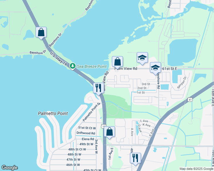 map of restaurants, bars, coffee shops, grocery stores, and more near 103 58th Street East in Palmetto