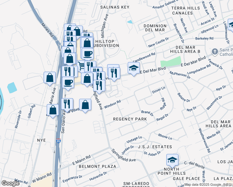 map of restaurants, bars, coffee shops, grocery stores, and more near 118 Windsor Road in Laredo