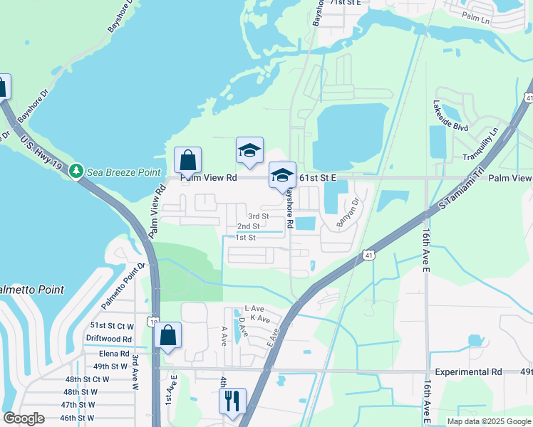 map of restaurants, bars, coffee shops, grocery stores, and more near 5619 Bayshore Road in Palmetto