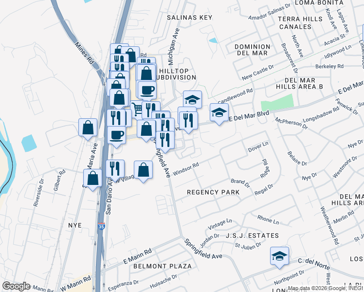 map of restaurants, bars, coffee shops, grocery stores, and more near 100 West Village Boulevard in Laredo