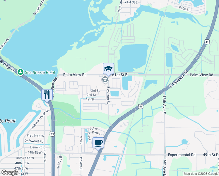 map of restaurants, bars, coffee shops, grocery stores, and more near 6025 Bayshore Road in Palmetto